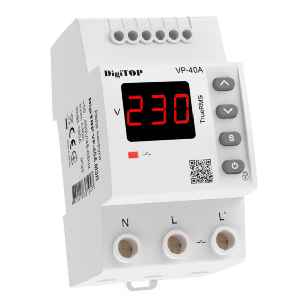 Захисне реле напруги однофазне VP-40AM3R на DIN-рейку, 40А, 8800Вт, 120-270В, тримодульне з індикатором напруги (червоний)