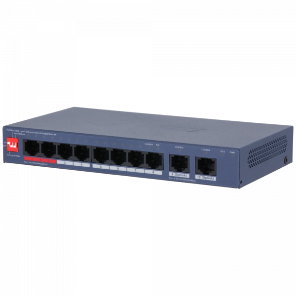 8-портовий керований PoE комутатор DH-CS4010-8ET2GT-110 з 8 портами POE 100Мбіт + 2 порти UP-Link 1000Мбіт, 185x104x27 мм