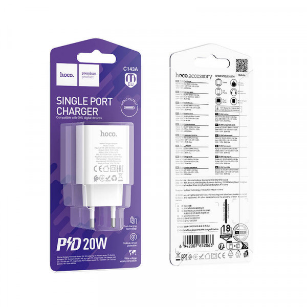 СЗУ HOCO C143A110-240V, PD20W, USB-C, White, Box