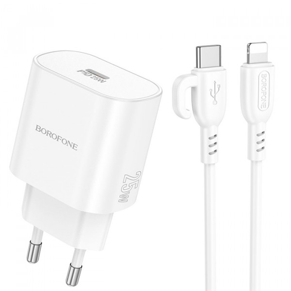 Набір СЗУ BOROFONE BA82A + Lighting кабель, PD25W, USB-C, кабель 1м, White, Box