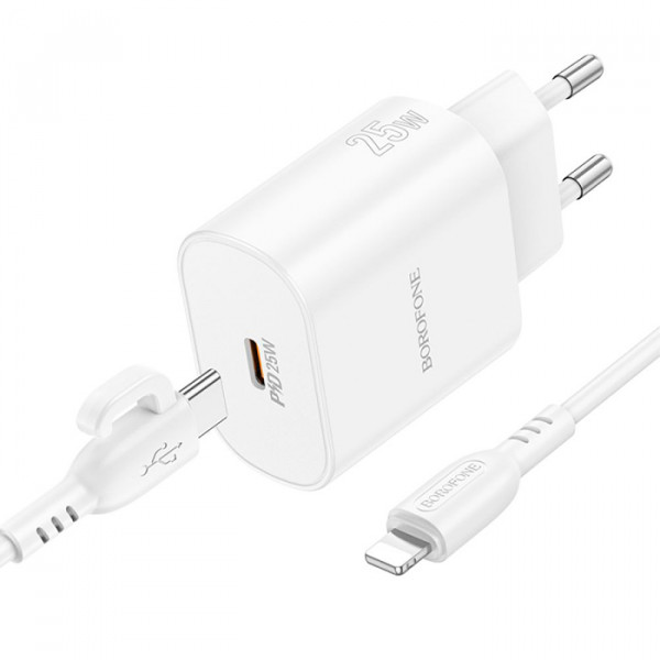 Набір СЗУ BOROFONE BA82A + Lighting кабель, PD25W, USB-C, кабель 1м, White, Box
