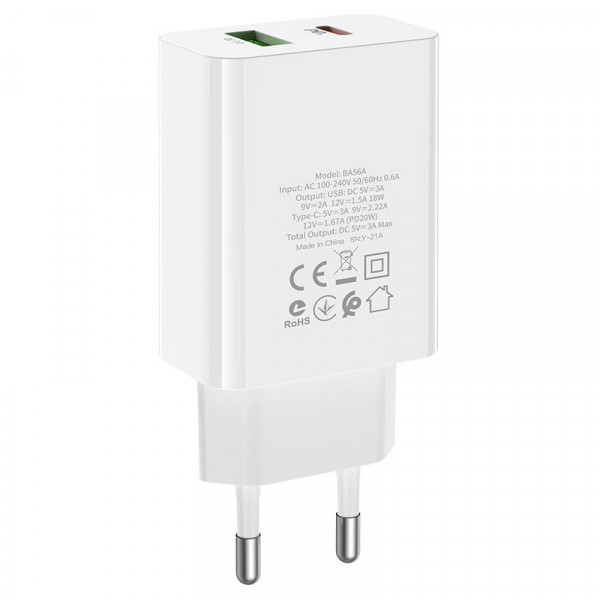 СЗУ BOROFONE BA56A, PD20W+Q3.0, 1xUSB-A+1xUSB-C, 20W, White, Box
