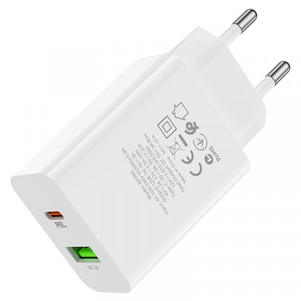 СЗУ BOROFONE BA56A, PD20W+Q3.0, 1xUSB-A+1xUSB-C, 20W, White, Box