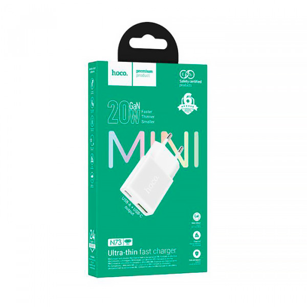 СЗУ HOCO N73 110-240V, PD20W+Q3.0, USB+Type-C, White, Box