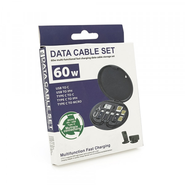 Кабель Data Cable Set, Type-C-Type-C+ перехідники (USB+Lighting+Micro), 60W, White, довжина 0.2м, Case