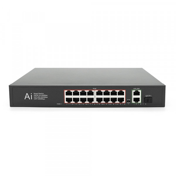 POE комутатор Merlion 16 POE 10/100 + 1 Single Fiber Tx 1310nm 20km + 2 RJ45 10/100/1000+ вбудований блок живлення 52V 4.8A