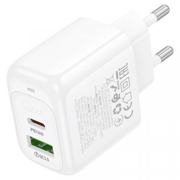 СЗУ 110-240V HOCO CS55A, 1xUSB, 1xUSB-C, PD30W, White, OEM