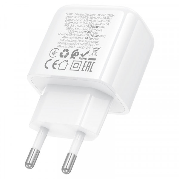 СЗУ 110-240V HOCO CS55A, 1xUSB, 1xUSB-C, PD30W, White, OEM