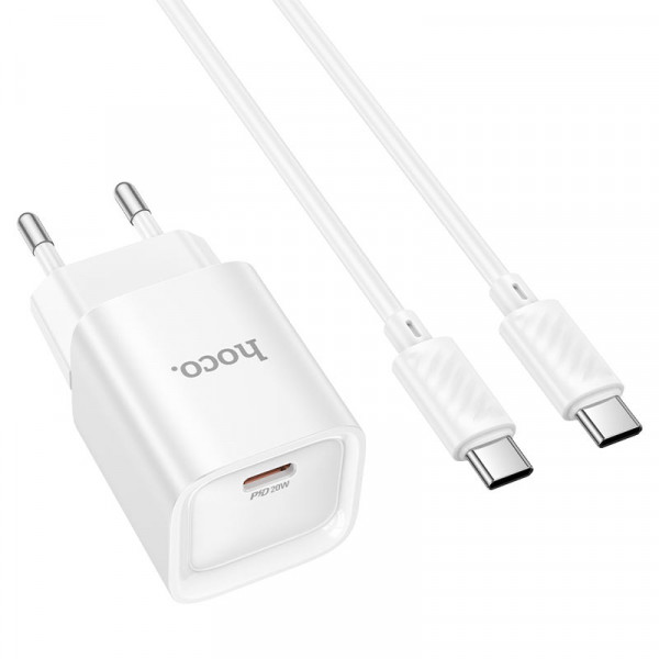 Набір СЗУ 110-240V HOCO C146A + кабель Type-C, 1xUSB-C, PD20W, 1м кабель, White, Box