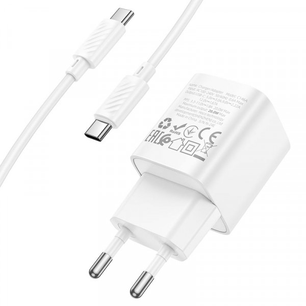 Набір СЗУ 110-240V HOCO C146A + кабель Type-C, 1xUSB-C, PD20W, 1м кабель, White, Box