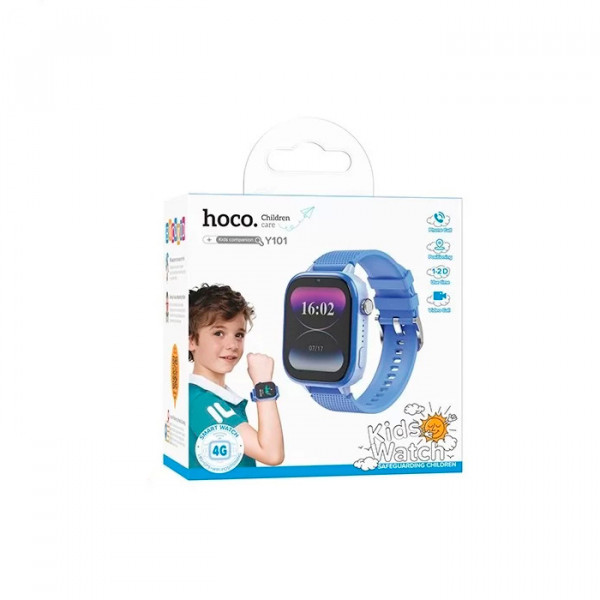 Дитячий смарт годинник Hoco Y101, 4G, GPS, Wi-Fi, HD камера, 1.83" HD-дисплей, дзвінки, відеодзвінки, голосові повідомлення, Blue, Box