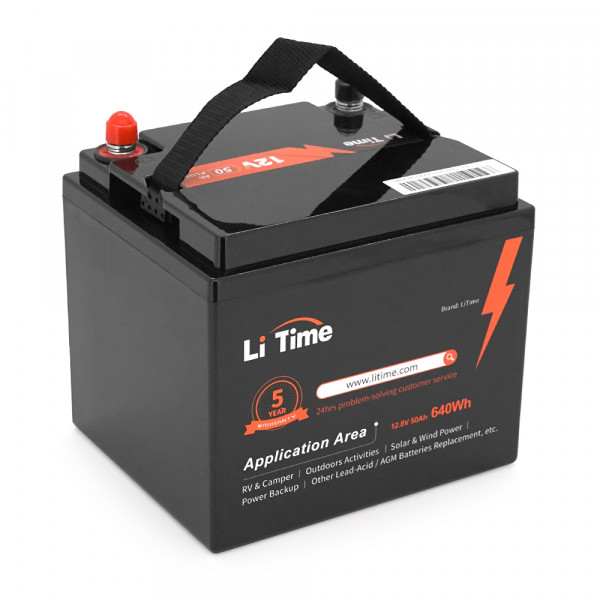Акумуляторна батарея Li-TIME LiFePO4 12,8V 50Ah 640Wh(100/100A), заряд 14,4В/10А, (198 x 166 x 170мм), 5,24kg, Q1