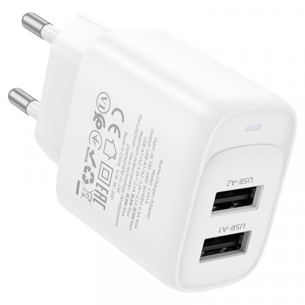 СЗУ 110-240V HOCO C141A 2xUSB, 10.5W, White, Box