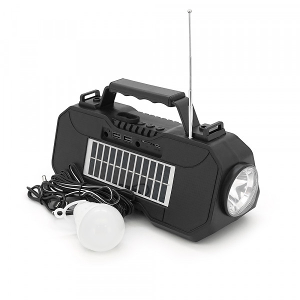 Переносний ліхтар EP-519 + Solar, Функції: PowerBank, FM радіо, USB/TF, Bluetooth, АКБ 1800mAh, 1 виносна лампочка 1W, 244x193x50мм, Black, Box