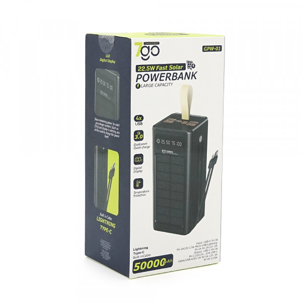 Powerbank 7GO GPW-01 50000mAh, Solar, Fast charge PD22.5W, Li-pol, LCD Display, Вхід:Type-C, Виходи: 2xUSB Type-C, 4xUSB Type-A, кабелю Type-C/Lightning, 1,080, Black, Box