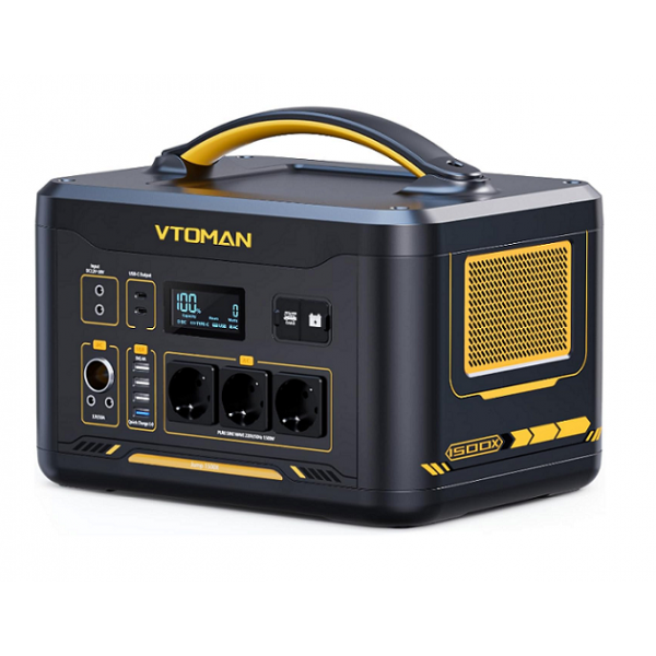 Портативна зарядна станція VTOMAN 1500X, 1500 (макс. 3000) Вт, LiFePO4 828 Вт·год (макс. 2376 Вт·год), 230 В, вихід 3x230 В/1500 Вт, 2x12 В/10 A-10 A, 2xPDTB, прикурювач 12 В/10 A, 36x27x28 см; 20 кг