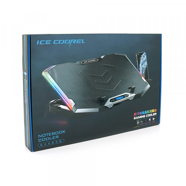 Підставка під ноутбук IceCoorel K10, 10-17", 8 * 70mm, корпус пластик + алюміній, 2xUSB2.0 + LCD, 410x297x40mm, RGB, Box, Q10