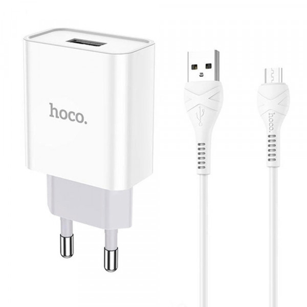 Набір СЗУ 110-240V HOCO C81A 1xUSB+ кабель Micro, 2.1A, кабель 1м, White, Blister