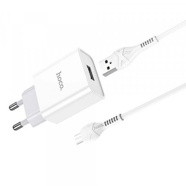 Набір СЗУ 110-240V HOCO C81A 1xUSB+ кабель Micro, 2.1A, кабель 1м, White, Blister