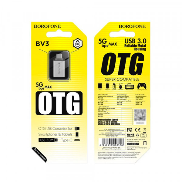 Перехідник BOROFONE BV3 USB3.0(AF) OTG => Type-C(M), Silver, Blister