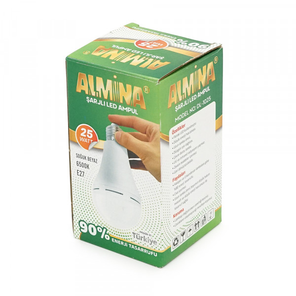 Лампочка з акумуляторами ALMINA DL-1025, 220-240V, до 2 годин роботи, 4 години зарядки, 25W(250W), E27, 2700Лм, 6500K, Box
