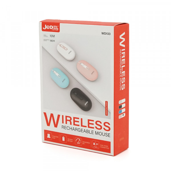 Миша бездротова JEDEL WD133, 800/1200/1600DPI, 2.4 GHz+Bluetooth 5.0, 3.7V 400mAh, Type-C заряджання. 105x60x34 мм. Pink. Box