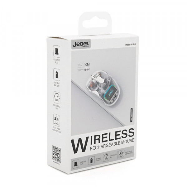 Миша бездротова JEDEL WD141T-W, 1200, 2.4 GHz+Bluetooth 5.0, 3.7V 300mAh, Type-C заряджання. 109x60x32 мм. 69 р. Transparent-White, Box