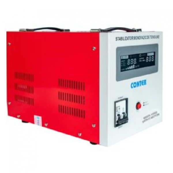 Стабілізатор напруги Conter MSER 10000 VA-V2/7500W однофазний, сервопривід, монтажу підлоги, LED дисплей, діапазон 130-260V, AC230±3%, клемна колодка, 220x335x230mm, 19.1kg