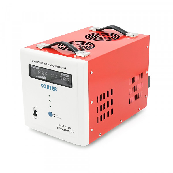 Стабілізатор напруги Conter MSER 10000 VA-V2/7500W однофазний, сервопривід, монтажу підлоги, LED дисплей, діапазон 130-260V, AC230±3%, клемна колодка, 220x335x230mm, 19.1kg