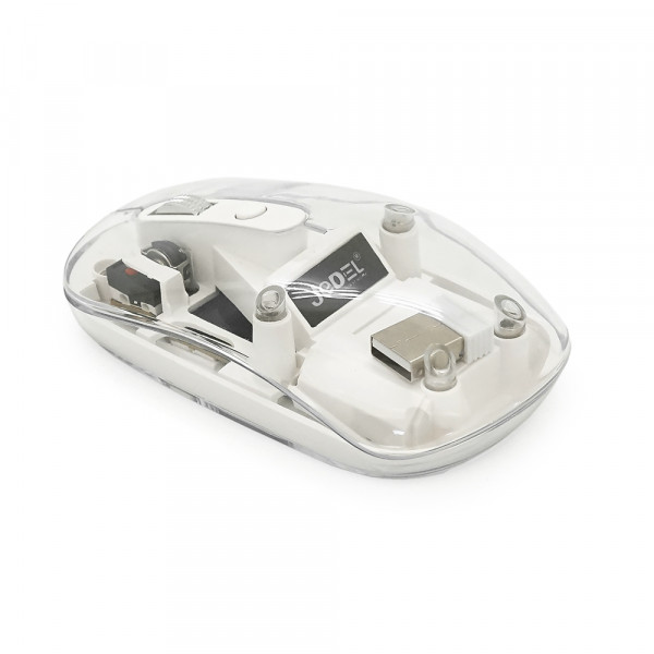 Миша бездротова JEDEL WD131P-BG, 800/1200/1600DPI, 2.4 GHz+Bluetooth 5.0, 3.7V 300mAh, Type-C заряджання. 109x60x32 мм. Transparent-White. Box