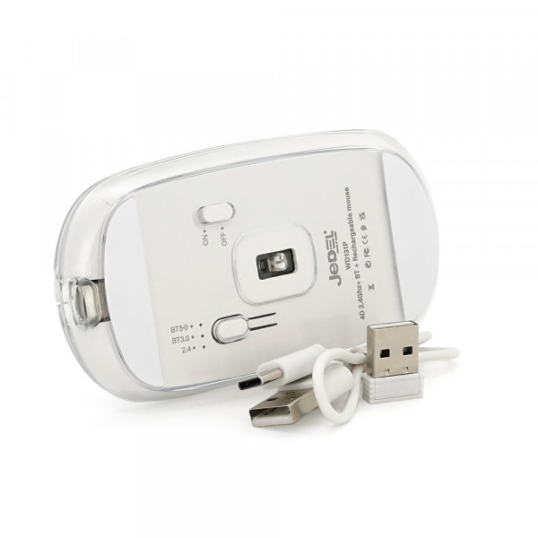 Миша бездротова JEDEL WD131P-BG, 800/1200/1600DPI, 2.4 GHz+Bluetooth 5.0, 3.7V 300mAh, Type-C заряджання. 109x60x32 мм. Transparent-White. Box
