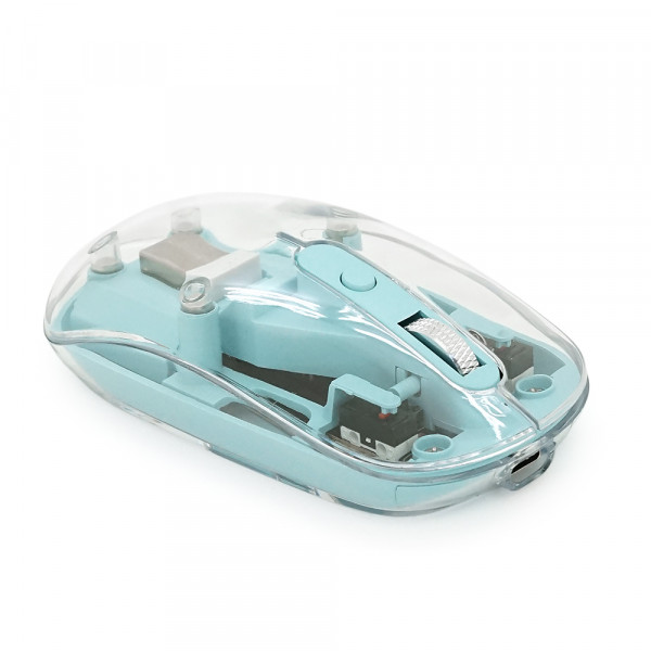 Миша бездротова JEDEL WD131P-BU, 800/1200/1600DPI, 2.4 GHz+Bluetooth 5.0, 3.7V 300mAh, Type-C заряджання. 109x60x32 мм. Transparent-Blue. Box