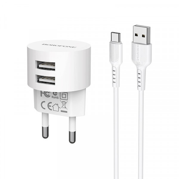 Набір BOROFONE BA23A СЗУ 2xUSB+ кабель USB/Type-C, 2.4A, 1м, White, Blister