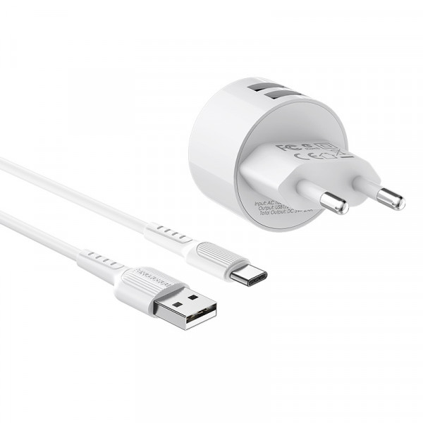 Набір BOROFONE BA23A СЗУ 2xUSB+ кабель USB/Type-C, 2.4A, 1м, White, Blister