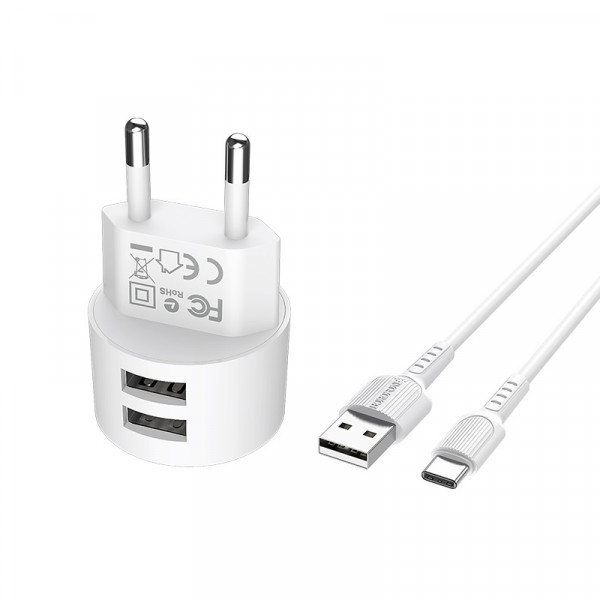Набір BOROFONE BA23A СЗУ 2xUSB+ кабель USB/Type-C, 2.4A, 1м, White, Blister
