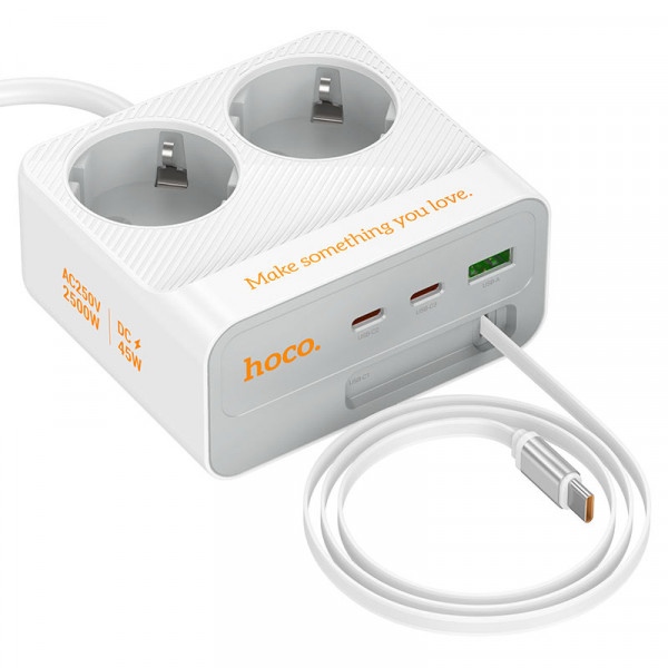 Мережевий фільтр HOCO AC28A на 2 розетки + 1 USB + 3 USB-C, 45W, 220В, кабель 2м, White, Box