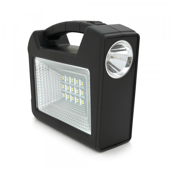 Переносний ліхтар GD-103+ Solar, 1+1 режим, 1+15Led, вбудований аккум-Powerbank 10000mAh, 2USB, 3 лампочки 3W, USB вихід, Black, Box