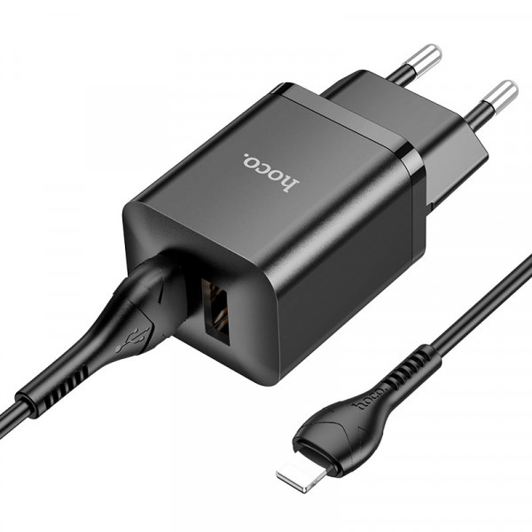 Набір СЗУ HOCO N25 + кабель Lighting, 2xUSB, 2.1A, кабель 1м, Black, Blister