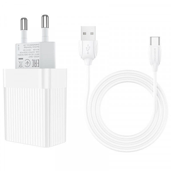 Набір BOROFONE BA47A СЗУ 1xUSB+ кабель Type-C/USB, 3A, 1м, White, Blister