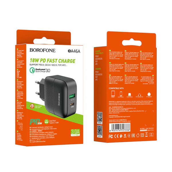 СЗУ BOROFONE BA46A, 1xUSB-А+1xUSB-C, 18W+QC3.0, Black, Blister