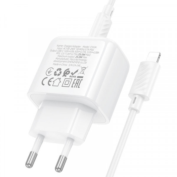 Набір СЗУ HOCO CS53A+ кабель Туре-С/Lighting, 1xUSB-C, PD25W, White, Box