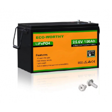 Аккумуляторная батарея Eco-Worthy LiFePO4 25,6V 100Ah,(80/100A), -7°C до 60°C, винт M8, 340*188*245 мм. 18 кг