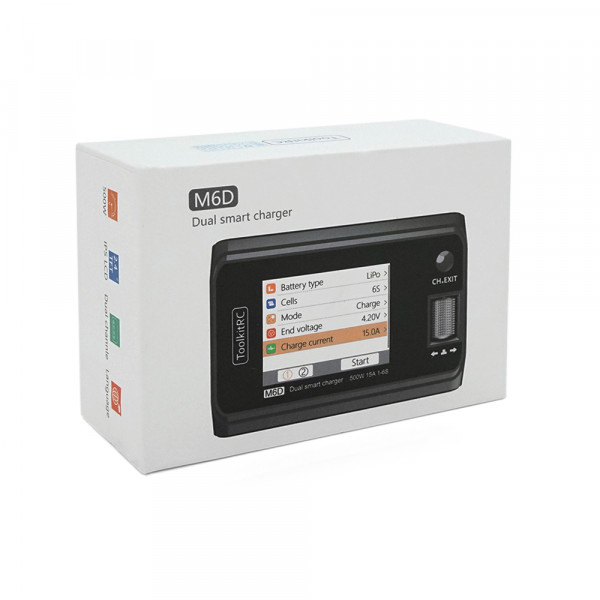 Зарядний пристрій ToolkitRC M6D, 2 канали, 500Вт, тип АКБ LiPo, LiHv, Li-ion, NiMh, LiFe, Pb, USB, роз'єм XT60, вхід 7-28В, вага 220г, без БП