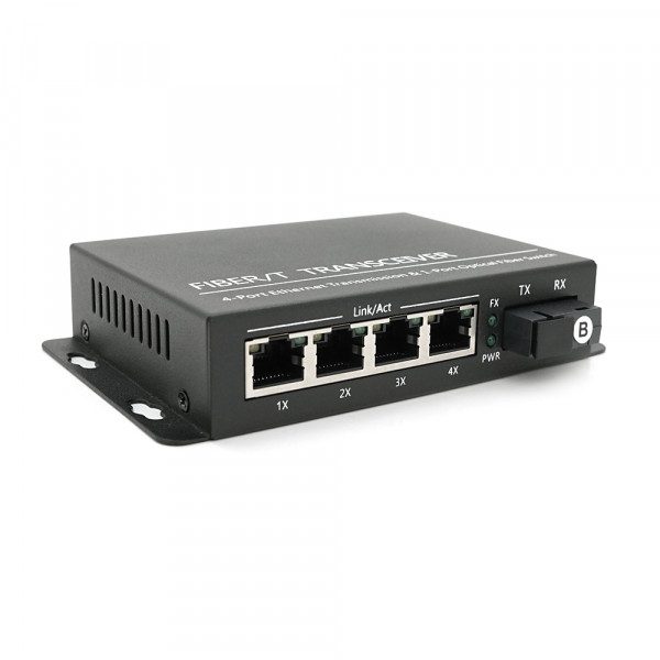 4х портовий медіаконвертор ONV-0110S-SCX-S4-B, 4*100М RJ45 + 1*SC порт (1310/1550nm, 20km)