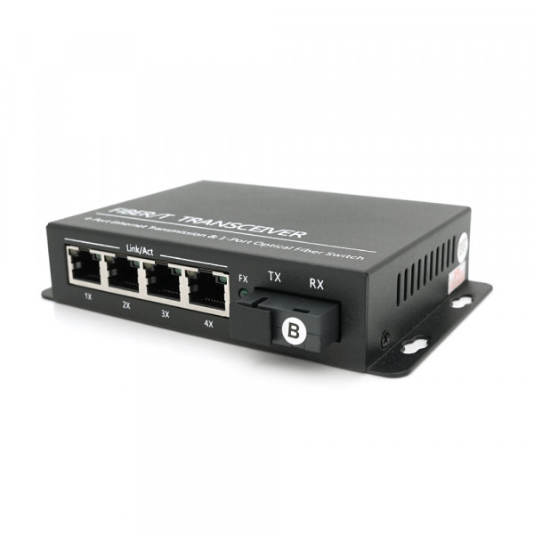 4х портовий медіаконвертор ONV-0110S-SCX-S4-B, 4*100М RJ45 + 1*SC порт (1310/1550nm, 20km)