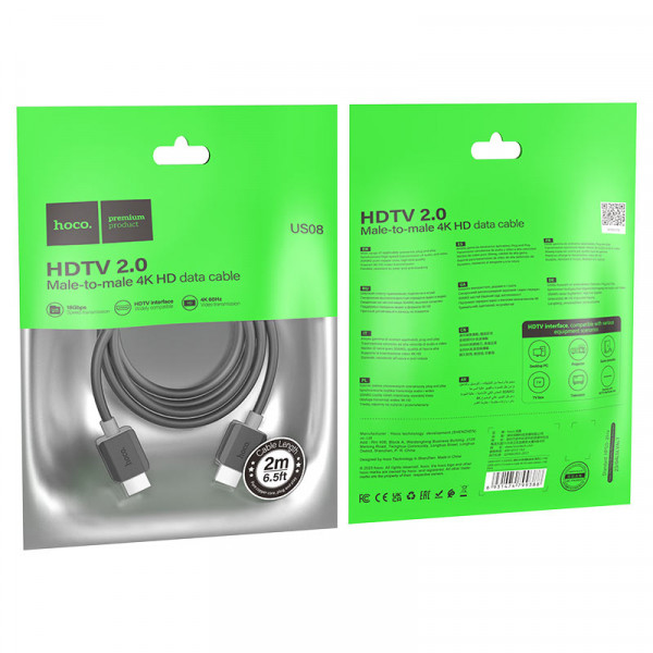 Кабель HOCO HDMI-HDMI 4Kx2K Ultra HD, 2m, v2,0, круглий Black, конектор Black, Blister