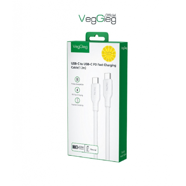 Кабель VEGGIEG V-M001C, Type-C(Male) to Type-C(Male) PD cable, 60 Вт, струм 3 А, 480 Мбіт/с, White, довжина 1,2 м, Box