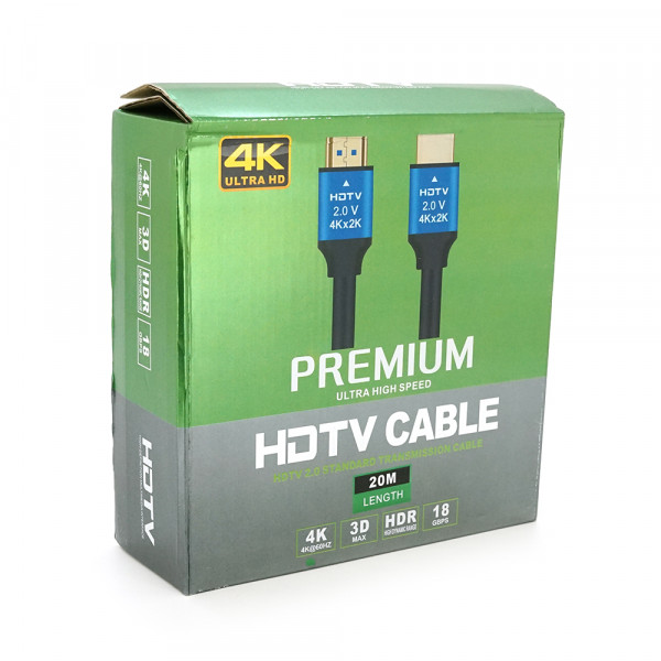 Кабель Merlion HDMI-HDMI 4Kx2K Ultra HD, 20.0m, v2,0, круглий Black, коннектор Blue, Blister-box, Q10