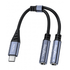 Перехідник VEGGIEG V-K204, 1/Type-C(Male) to=> 2/Jack 3.5mm(F)(навушники + мікрофон), Black/Silver, Box