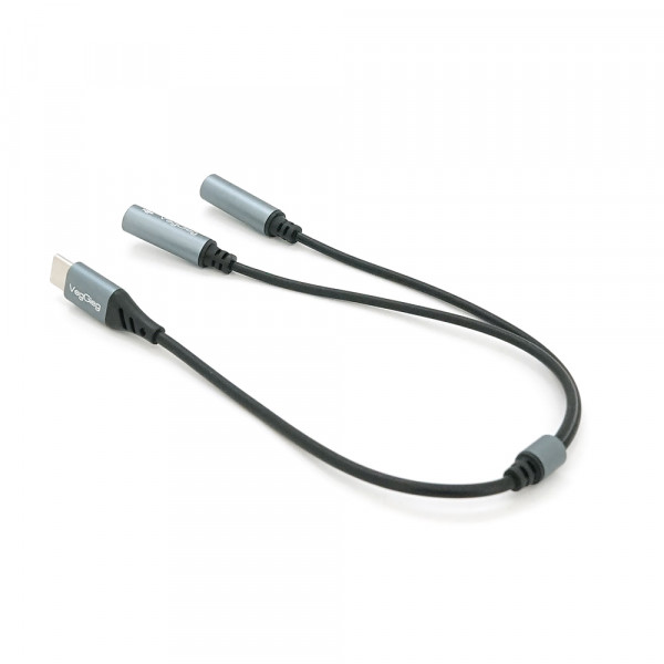 Перехідник VEGGIEG V-K204, 1/Type-C(Male) to=> 2/Jack 3.5mm(F)(навушники + мікрофон), Black/Silver, Box